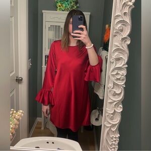 J.Crew Red Shift Dress Ruffle Long Sleeve Crew Neck Satin dress 4